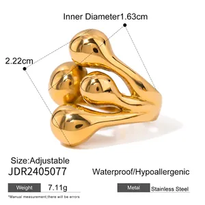 Adjustable golden stainless steel ring featuring a modern fluid droplet design