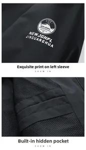 Detail of waterproof sleeve print and internal mesh pocket on outdoor jacket