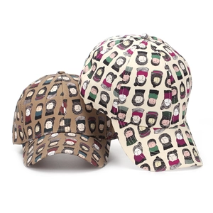 Brown and off-white baseball caps with artistic cartoon character prints for sun protection