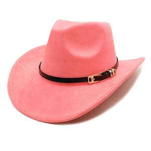 Rosa Western-Cowboyhut mit schwarzem Lederband und goldener Schnalle im Detail