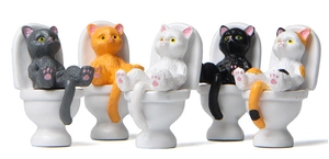 Group of 5 miniature resin cat figurines in various colors sitting on toilets for decor