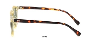 Detailansicht der runden Vintage-Kinder-Sonnenbrille mit gelben Rahmen und Schildpattbügeln