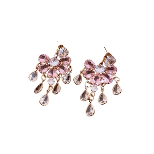 Pink zircon flower stud earrings with water drop tassel in golden finish for women