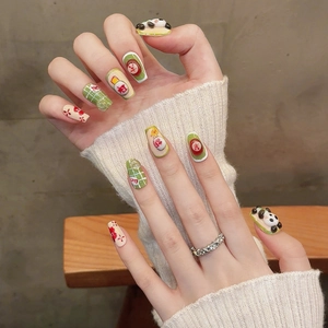 3D Panda press-on nails with New Year calligraphy and hand-painted festive patterns
