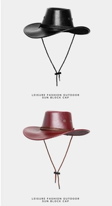Close-up of PU leather cowboy hats featuring adjustable wind ropes and metal eyelet vents