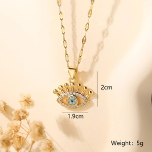 Detail view of gold-plated evil eye pendant necklace with 2cm x 1.9cm size and 5g weight