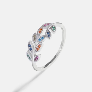 Close-up of S925 sterling silver olive branch ring with colorful zircon stones