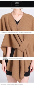 Detailed views of V-neckline, cape sleeves and knit texture of brown poncho cardigan