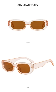 Detail view of champagne translucent square sunglasses with tea lenses from multiple angles