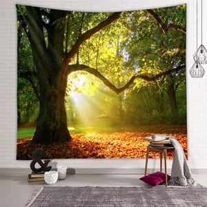 Detail view of high-definition autumn forest tapestry hanging on a white brick wall