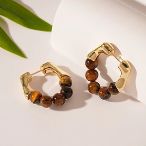 Boucles D'oreilles Géométriques Vintage Perle Pierre D'oeil De Tigre Artificielle Cuivre Plaqué Or Tige En Argent 925