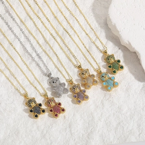 Colorful zircon-encrusted bear pendant necklaces in 14K gold plated finish