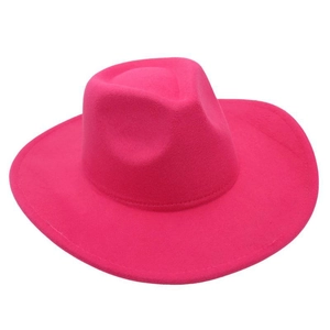 Detailed top view of rose red felt fedora hat featuring a smooth wool texture
