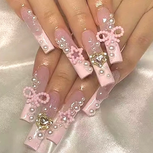 Pink Gradient Coffin Press On Nails Long French Style Artificial Pearls Bow Heart Rhinestones Sweet Manicure Decor For Women