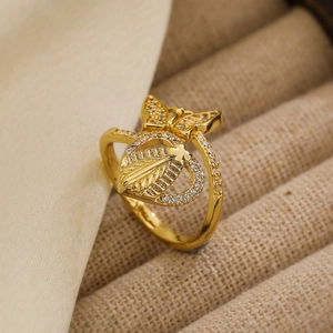 18K gold plated butterfly and wheat ear open ring with sparkling zircon stones