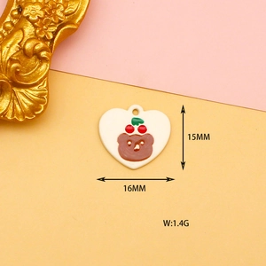 Detail of heart-shaped bear charm with cherry, measuring 15mm by 16mm for DIY jewelry