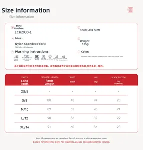 Size chart for yoga pants showing length, waist, and hip measurements in XS to XL