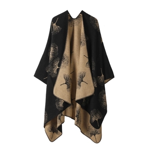 Thick double-sided knit shawl with ginkgo leaf pattern in black and light camel