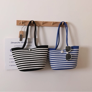 Women Woven Striped Handbag Cotton Rope Artificial Pearl Button Beach Vacation Shoulder Bag Casual Chic