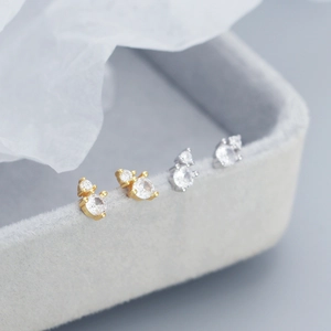 Elegant 925 sterling silver stud earrings featuring double clear cubic zirconia in gold and silver