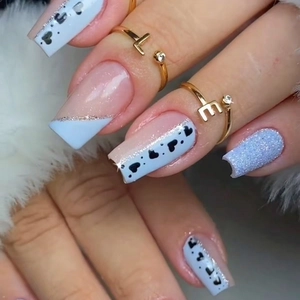 French Style Press On Nails Blue Pink Heart Pattern Square Fake Nails Glitter Sweet Manicure For Women