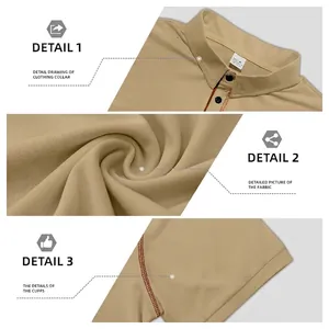 Detailed view of khaki men's short sleeve polo shirt featuring collar and mesh fabric texture