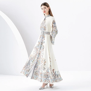 Elegant floral paisley maxi dress with stand collar and flared sleeves in white