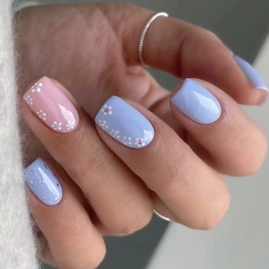 Square Oval Glossy Press On Nails Blue And Pink Sweet Floral Pattern Artificial False Nails Summer Fresh Style