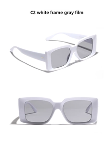 Macro detail of white square oversized sunglasses with light grey lenses from two angles