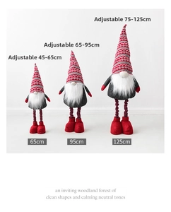 Three Christmas gnomes with retractable legs in various sizes showing height adjustments