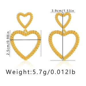 Detailed dimensions of 18K gold plated double heart earrings with matte hammered texture