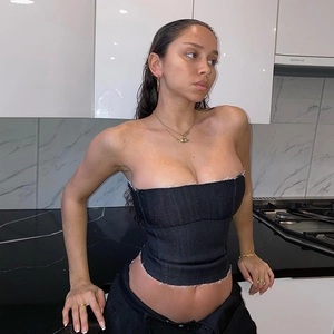 Haut Tube En Jean Pour Femme Bustier Sans Bretelles Ajusté À Ourlet Brut Dos Smocké Sexy Streetwear Été