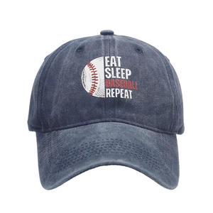 Navy blue washed cotton baseball cap with Eat Sleep Baseball Repeat graphic print