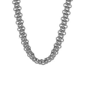 Detailed view of silver thick link chain with dense interlocking ring texture