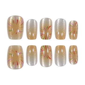 Champagne cat eye press-on nails with colorful firework patterns in a 10-piece set