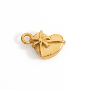 Golden heart-shaped gift box pendant with embossed ribbon and bow for DIY necklace