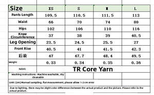 Detailed size chart for loose balloon fit pants with measurements in centimeters