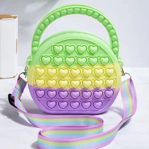 Round gradient macaron silicone pop it bag with heart bubbles and rainbow strap