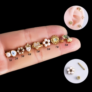 Small Ear Cartilage Stud Earrings Stainless Steel Copper Zircon Shell Artificial Pearl Screw Back Heart Star Flower For Women