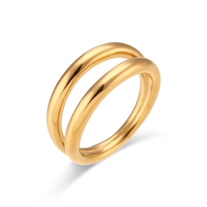 Polished 18K gold-plated double-layer minimalist stainless steel ring on white background
