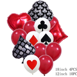 Detail of red and black poker balloons set including 18-inch and 12-inch sizes for casino party