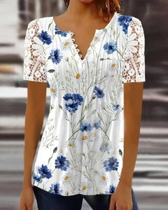 Women's V-neck T-shirt with blue floral print and lace short sleeves in white
