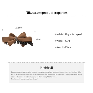 Detailed size chart for brown satin bow banana clip with crystal alloy center