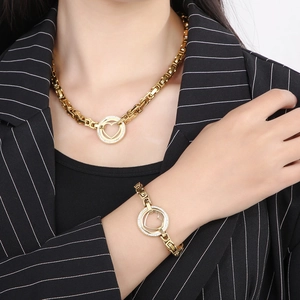 Gold stainless steel chunky chain jewelry set featuring hollow heart crystal charms