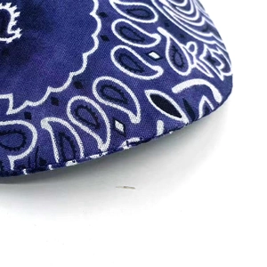 Close-up of blue cotton baseball cap featuring white paisley patterns and precision stitching