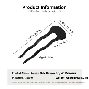 Detail view of U-shaped black acetate hair stick with dimensions 9.5cm by 3.5cm