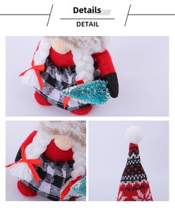 Detail of Christmas gnome with red plaid dress, white braids and a mini flocked tree