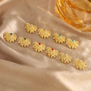 Vintage Leaf Stud Earrings 18K Gold Plated Stainless Steel With Turquoise Artificial Pearl Fan Shaped Ins Style Jewelry For Women