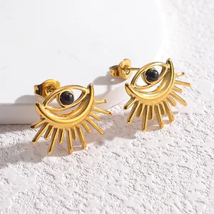 Vintage Stainless Steel Evil Eye Stud Earrings For Women Sunburst Radiant Design Black Bead Inlay Fashion Jewelry Earrings