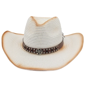 Classic cream straw cowboy sun hat with brown gradient brim and metal studded leather band